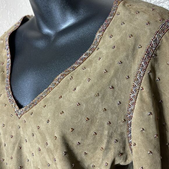 Handmade 100% genuine leather beaded scalloped hippie boho ren faire shirt - Picture 2 of 6